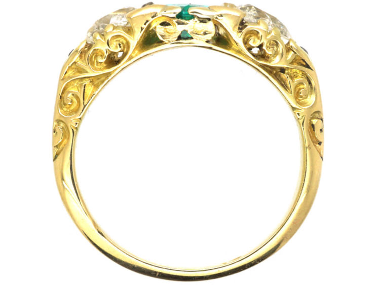 Victorian 18ct Gold Emerald & Diamond Three Stone Carved Half Hoop Ring