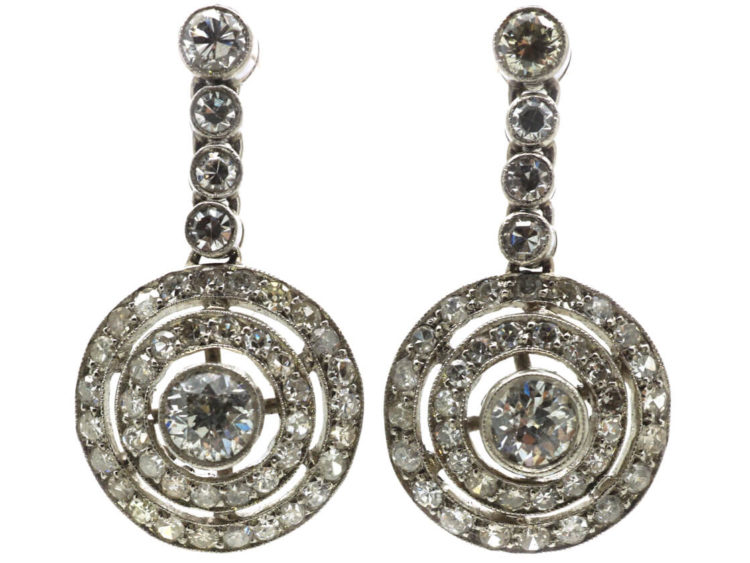 French 18ct Gold & Platinum Diamond Set Drop Cluster Earrings