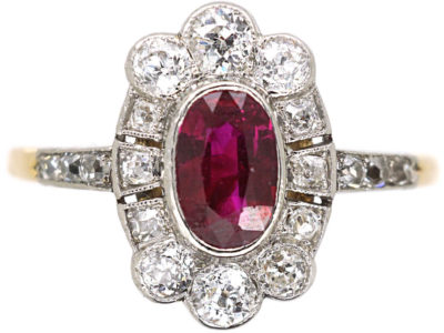 Edwardian 18ct Gold & Platinum, Ruby & Diamond Oval Cluster Ring with Diamond Set Shoulders