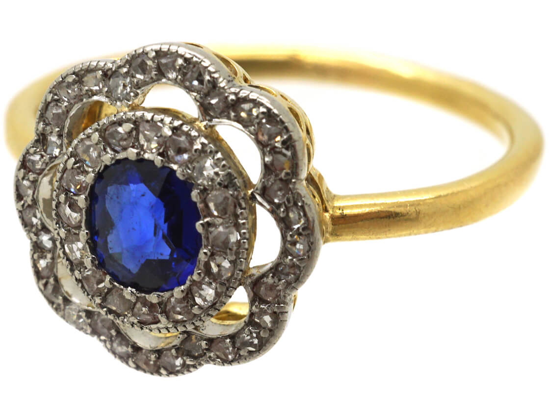 Edwardian 18ct Gold & Platinum Sapphire & Diamond Cluster Ring (120N ...