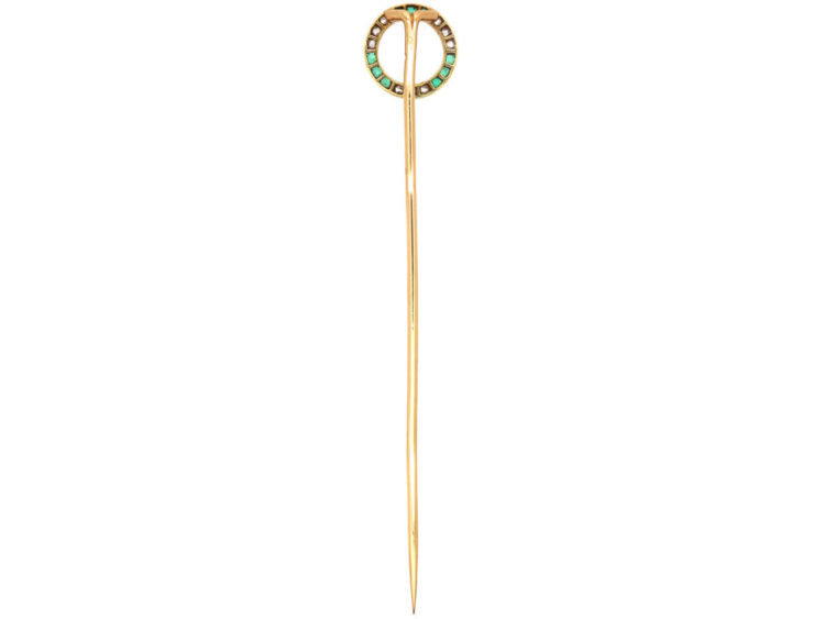 French 18ct Gold Art Deco Emerald & Diamond Circle Tie Pin