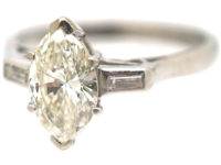 Platinum, Diamond Marquise Ring with Baguette Shoulders