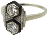 Art Deco 14ct White Gold, Onyx & Diamond Geometric Ring