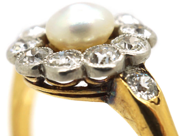 Edwardian 18ct Gold & Platinum, Natural Pearl & Diamond Cluster Ring