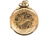 Edwardian 9ct Back & Front Round Locket with Engraved Flowers in Basket