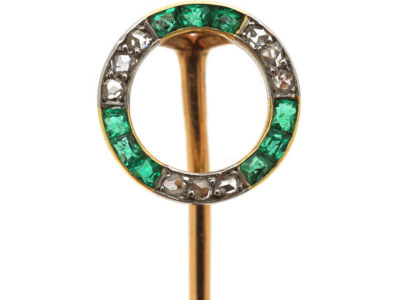 French 18ct Gold Art Deco Emerald & Diamond Circle Tie Pin