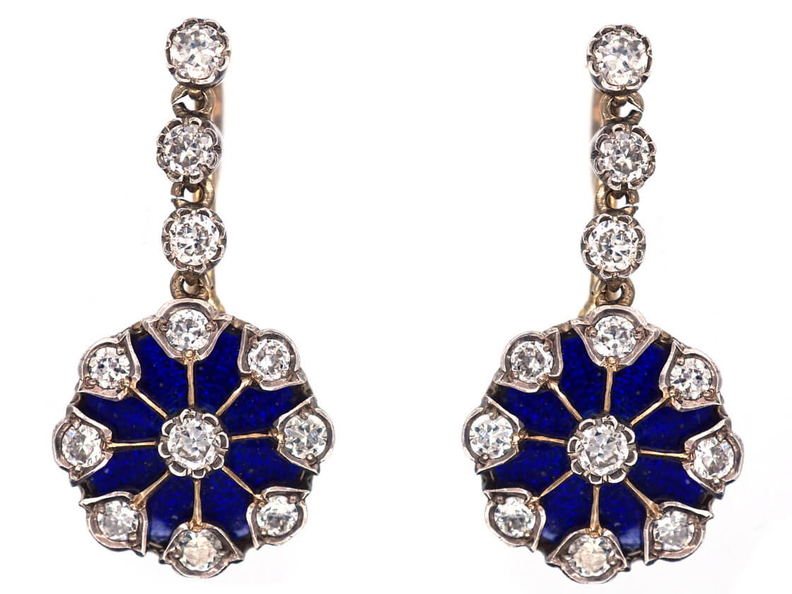 A pair of Art Deco Diamond ​& Enamel Drop Cluster Earrings