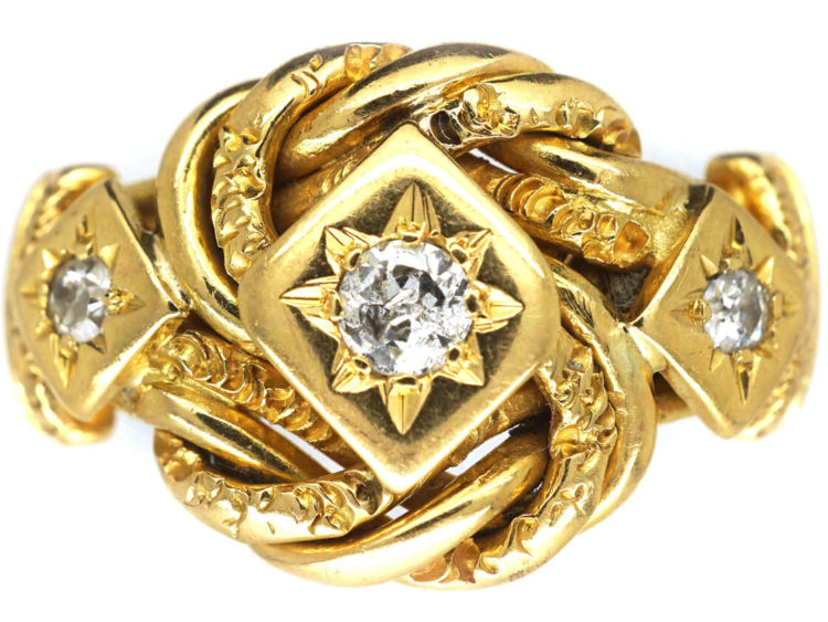 Victorian 18ct Gold Lover's Knot Ring set with Three Diamonds