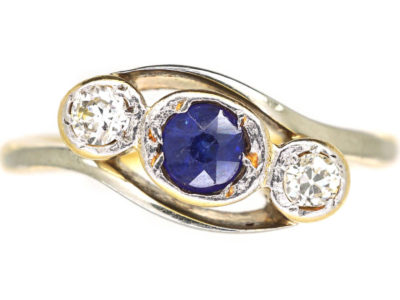 Edwardian 18ct Gold & Platinum, Sapphire & Diamond Crossover Ring