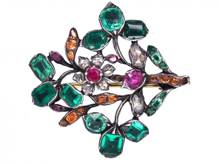 Georgian Emerald, Ruby, Diamond & Topaz Giardinetti Brooch