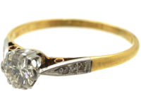 Art Deco 18ct Gold & Platinum, Diamond Solitaire Ring with Diamond Set Shoulders