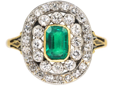 Edwardian Platinum & 18ct Gold, Emerald & Diamond Oval Cluster Ring