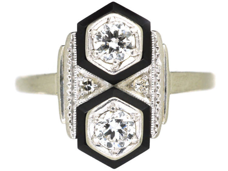 Art Deco 14ct White Gold, Onyx & Diamond Geometric Ring