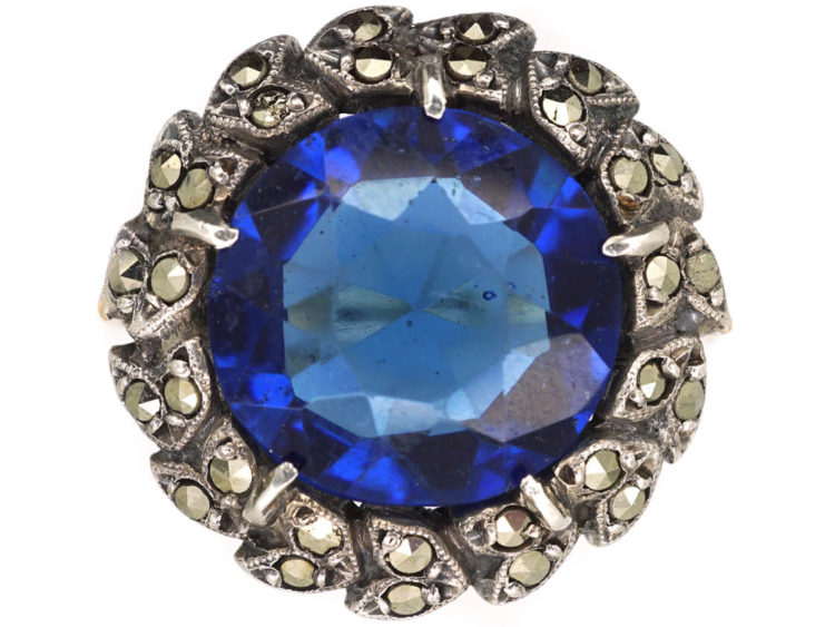 Art Deco Marcasite & Blue Paste Silver & Gold Ring