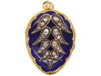 French 19th Century 18ct Gold Locket with Royal Blue Enamel & Rose Diamond Leaf Motif