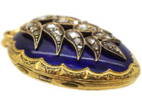 French 19th Century 18ct Gold Locket with Royal Blue Enamel & Rose Diamond Leaf Motif