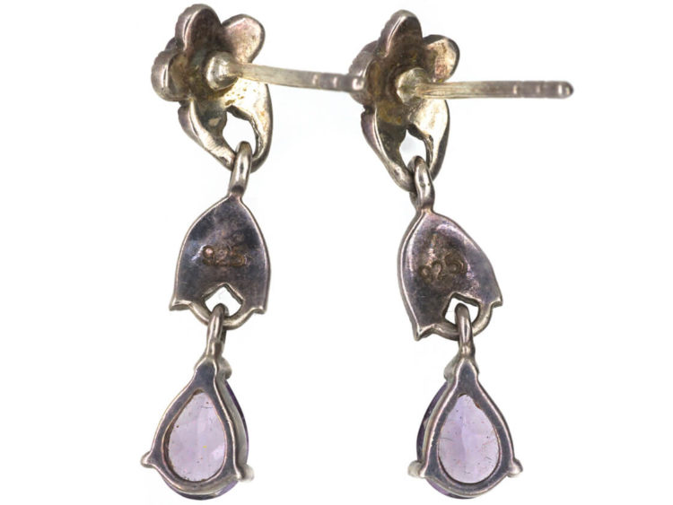 Silver, Amethyst & Marcasite Flower Drop Earrings
