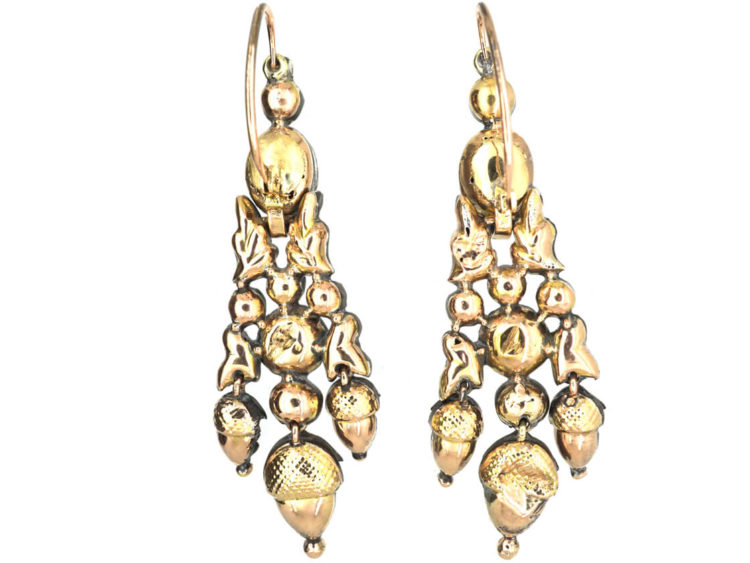 Portuguese 18th Century Silver, Gold & Rose Diamond Acorn Drop Earrings