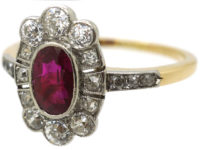 Edwardian 18ct Gold & Platinum, Ruby & Diamond Oval Cluster Ring with Diamond Set Shoulders