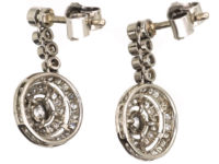 French 18ct Gold & Platinum Diamond Set Drop Cluster Earrings