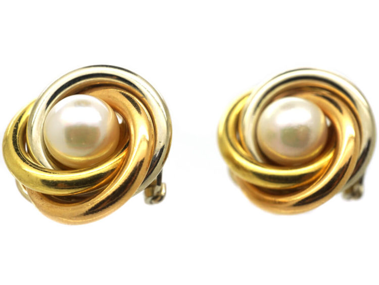 18ct Three Colour Gold & Cultured Pearl Earrings