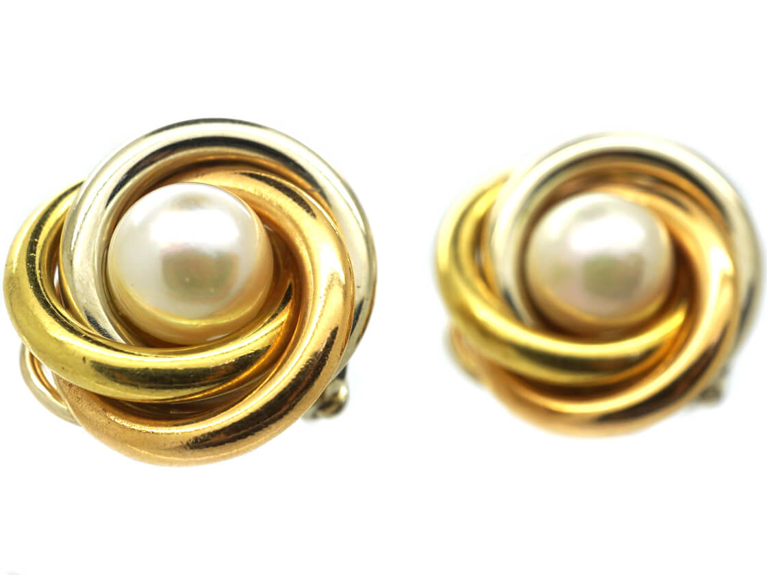 18ct Three Colour Gold And Cultured Pearl Earrings 181n The Antique Jewellery Company 8782