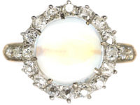 Edwardian 18ct Gold, Cabochon Moonstone & Diamond Cluster Ring with Diamond Set Shoulders