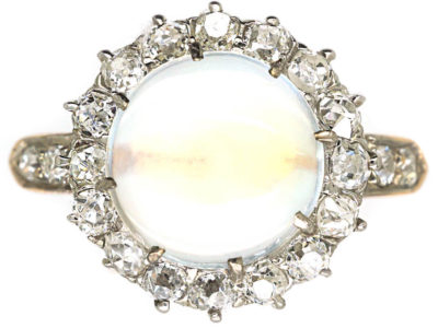 Edwardian 18ct Gold, Cabochon Moonstone & Diamond Cluster Ring with Diamond Set Shoulders