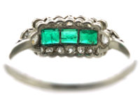 Art Deco Platinum Three Stone Emerald & Diamond Ring