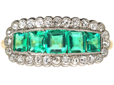 Edwardian 18ct Gold & Platinum Five Stone Emerald & Diamond Ring