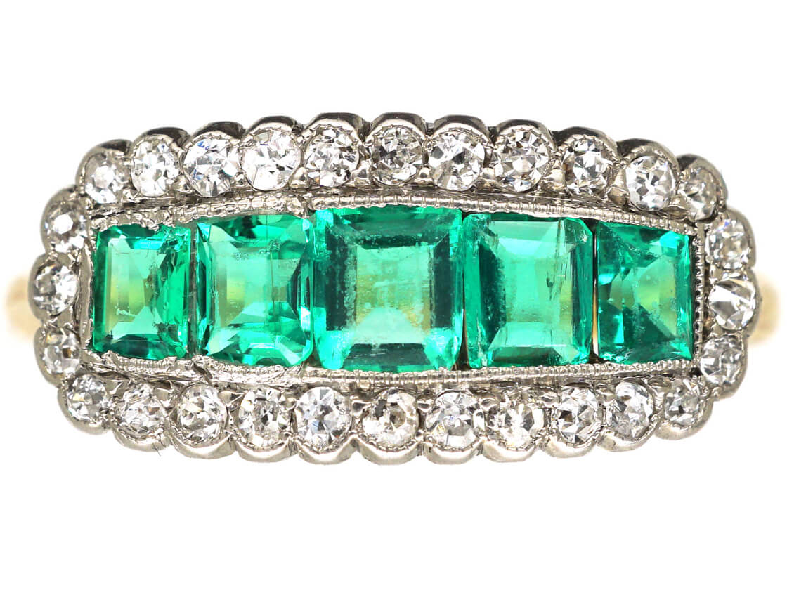 Edwardian 18ct Gold & Platinum Five Stone Emerald & Diamond Ring (177N ...