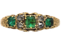 Regency 15ct Gold Three Stone Emerald & Rose Diamond Ring