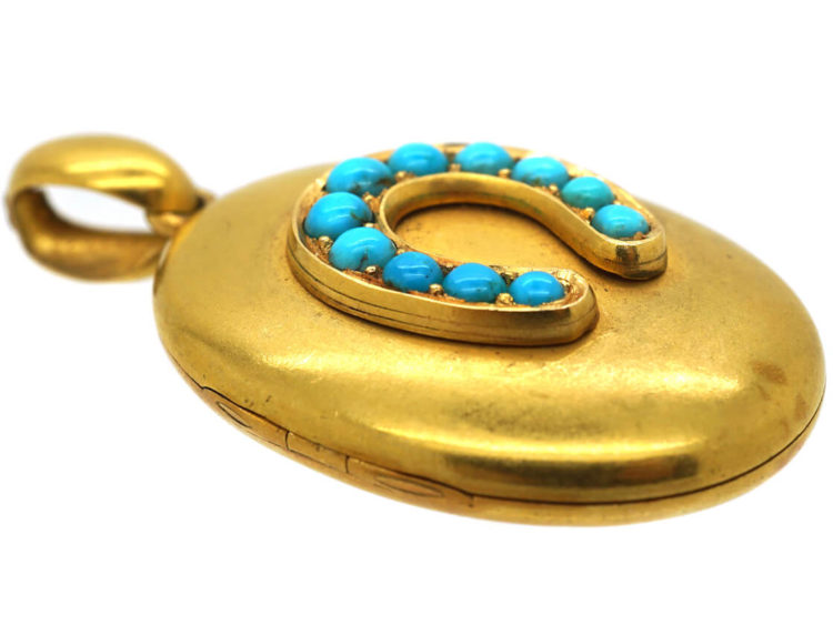 Victorian 18ct Gold & Turquoise Horseshoe Oval Locket by Edwin William Streeter