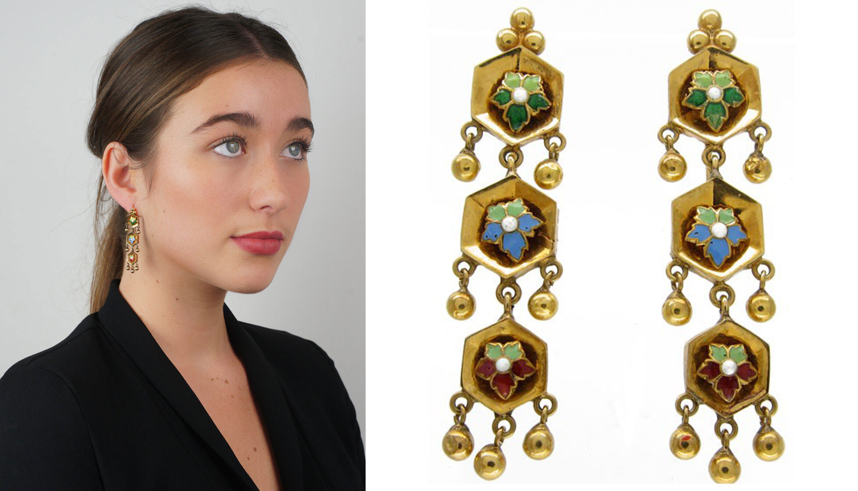 Early 19th Century Swiss Enamel Triple Gold Drop Earrings