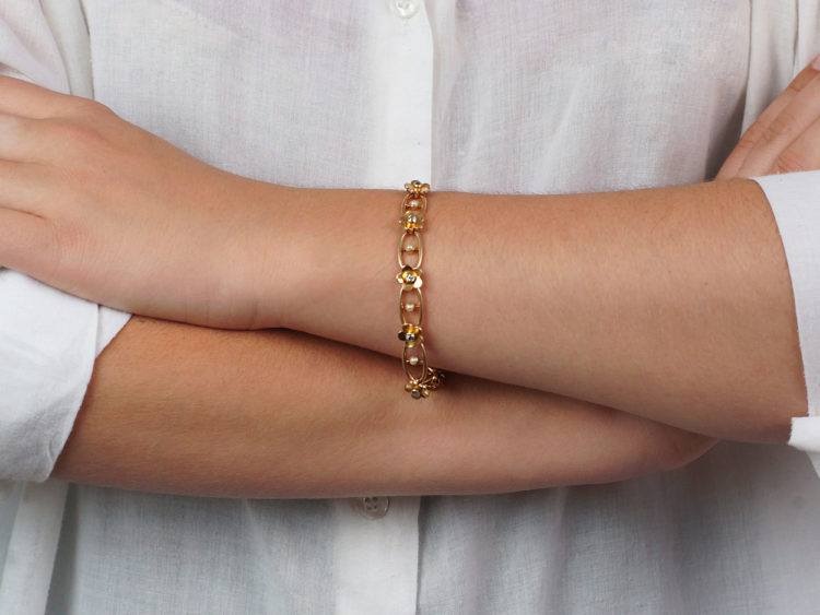 Edwardian 18ct Gold, Diamond & Natural Split Pearl Bracelet