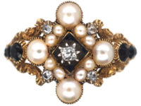 Georgian 18ct Gold, Diamond, Natural Split Pearl & Vauxhall Glass Ring