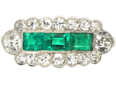 Art Deco Platinum Three Stone Emerald & Diamond Ring