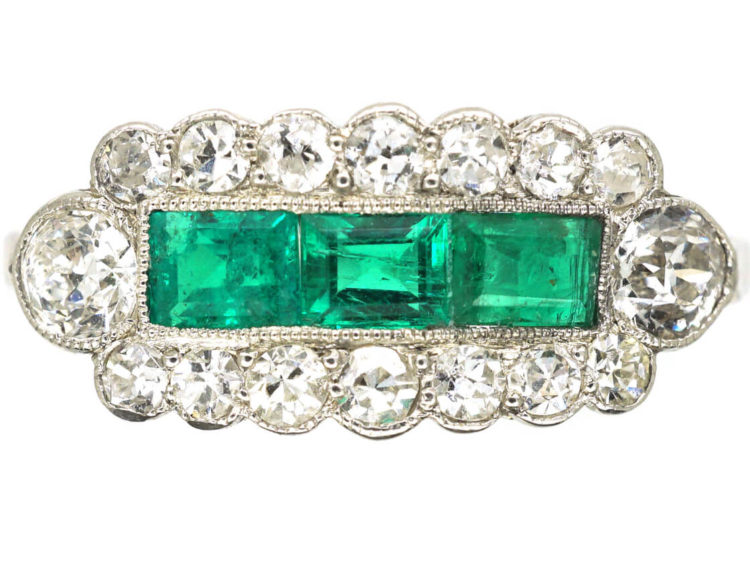 Art Deco Platinum Three Stone Emerald & Diamond Ring