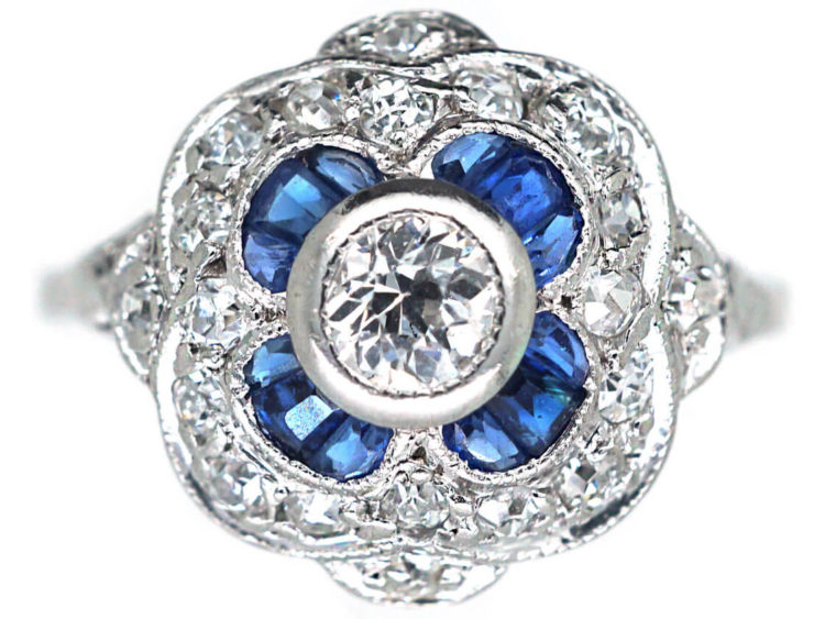 Art Deco Platinum Sapphire & Diamond Cluster Ring