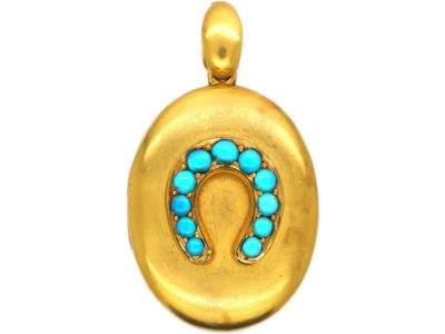 Victorian 18ct Gold & Turquoise Horseshoe Oval Locket by Edwin William Streeter