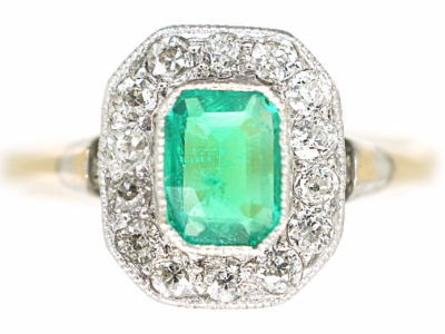 Art Deco 18ct Gold & Platinum, Emerald & Diamond Octagonal Shaped Ring