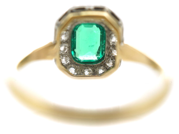 Art Deco 18ct Gold & Platinum, Emerald & Diamond Octagonal Shaped Ring