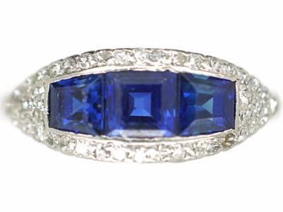 Art Deco Platinum, Three Stone Square Cut Sapphire & Diamond Boat Shaped Ring