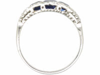 Art Deco Platinum, Three Stone Square Cut Sapphire & Diamond Boat Shaped Ring