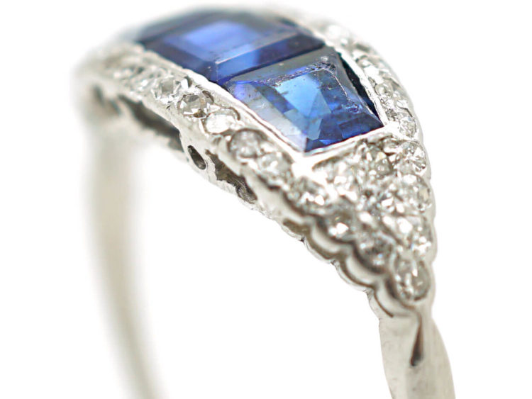Art Deco Platinum, Three Stone Square Cut Sapphire & Diamond Boat Shaped Ring