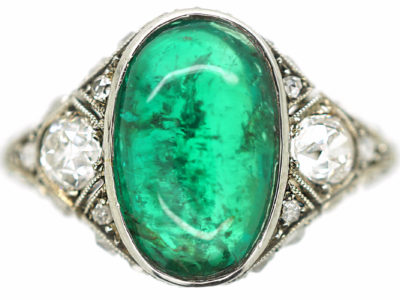 Art Deco Platinum Large Cabochon Emerald & Diamond Ring