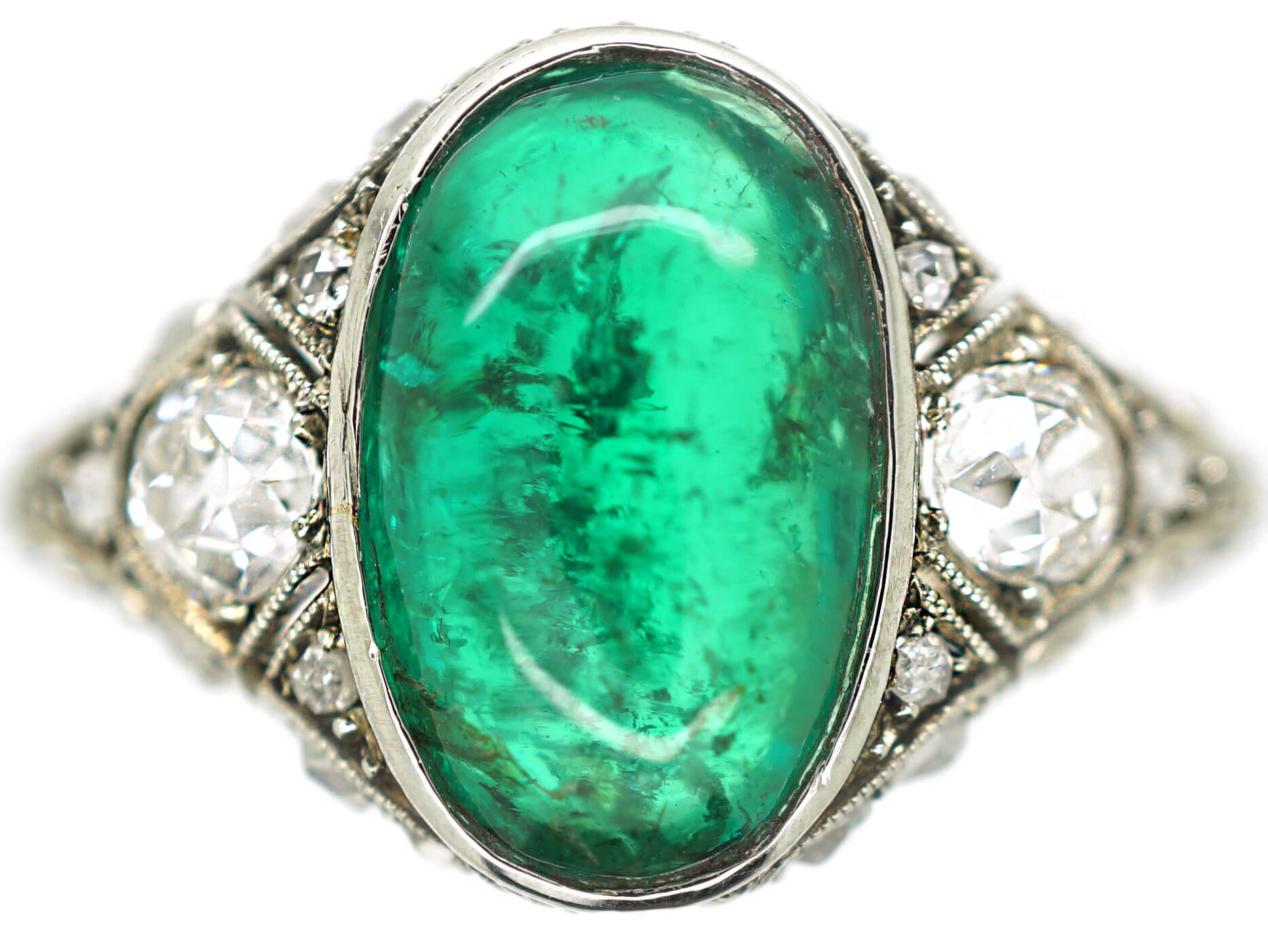 Art Deco Platinum Large Cabochon Emerald & Diamond Ring (299N) | The ...