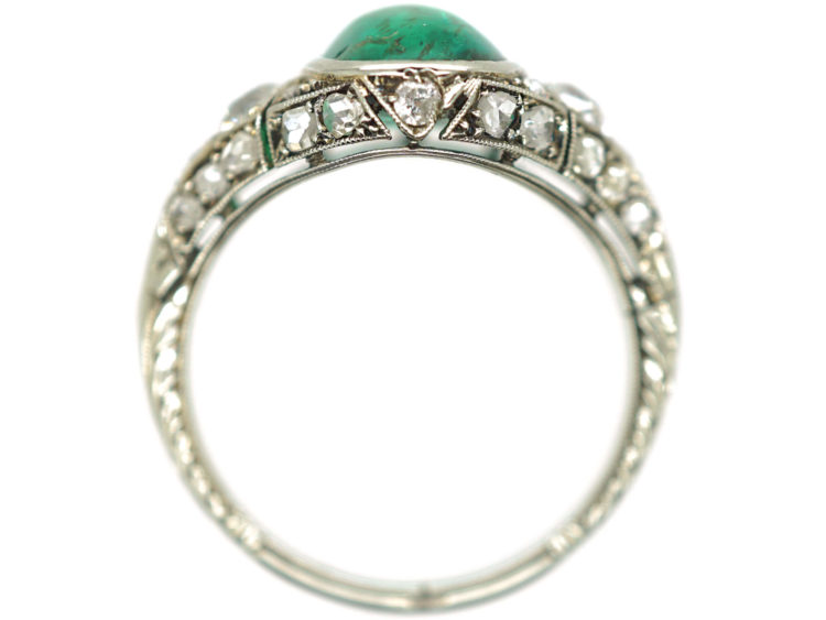 Art Deco Platinum Large Cabochon Emerald & Diamond Ring