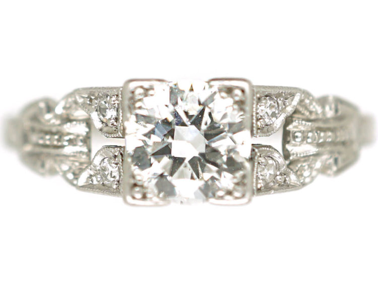 Art Deco Platinum Diamond Solitaire Ring with Diamond Set Pierced Shoulders