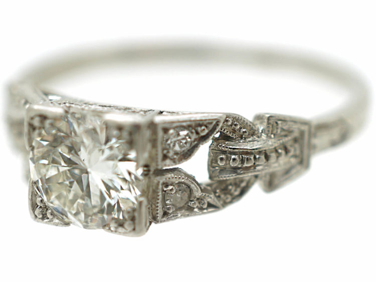 Art Deco Platinum Diamond Solitaire Ring with Diamond Set Pierced Shoulders